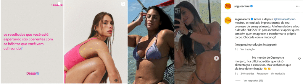 Andressa Castorino nas recentes publicações sobre o desafio de emagrecimento e ao lado um comentário de um internauta sobre o suposto emagrecimento repentino da criadora de conteúdo associado ao Ozempic.