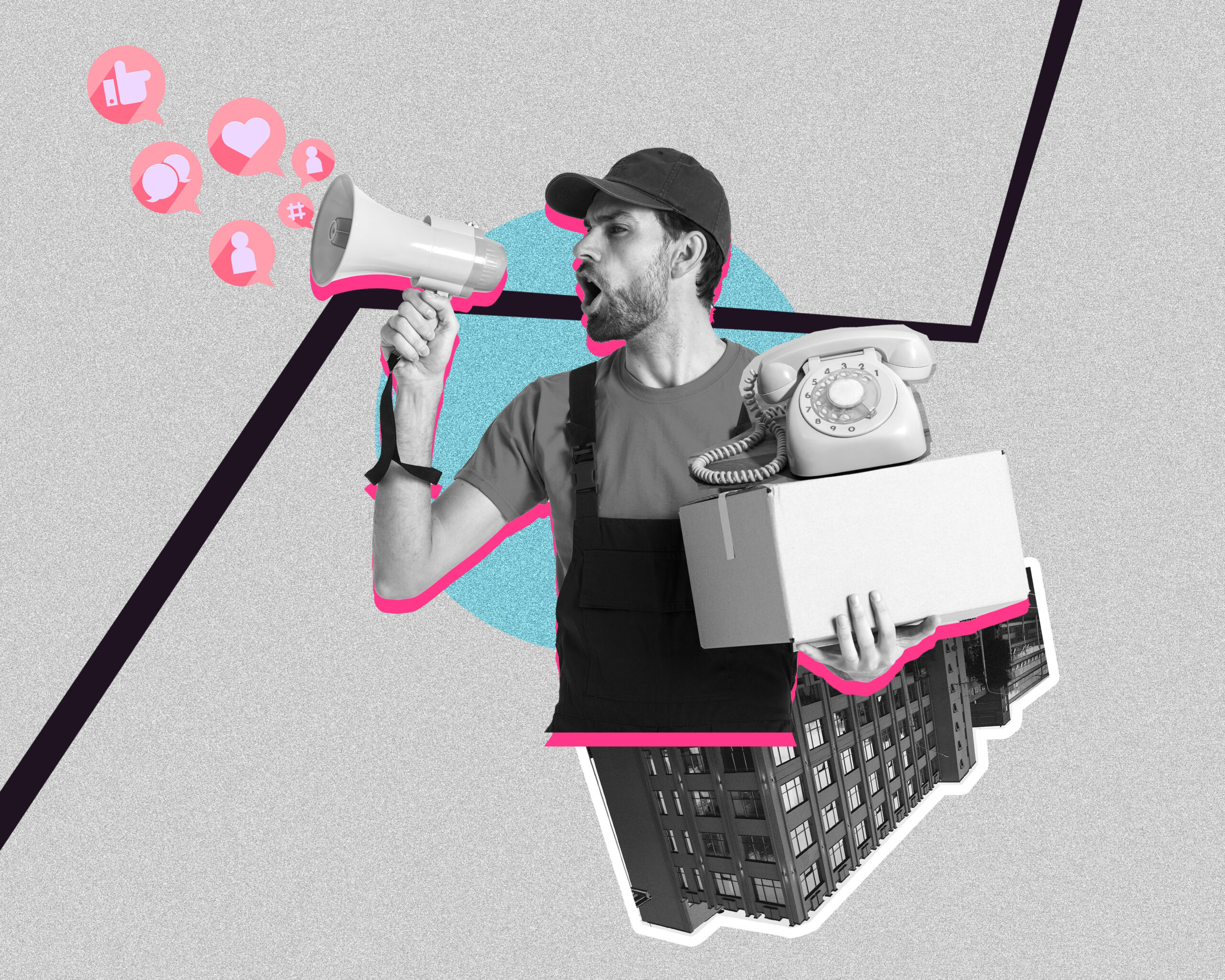 Homem segurando megafone e telefone antigo, representando a comparação entre campanhas publicitárias online e offline